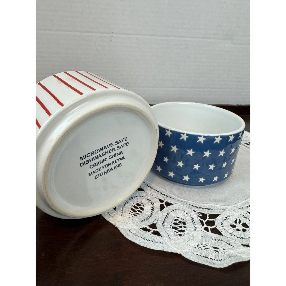 Stoneware Patriotic Stars and‎ Stripes Ramekin Set Red White Blue Bowls 2pc